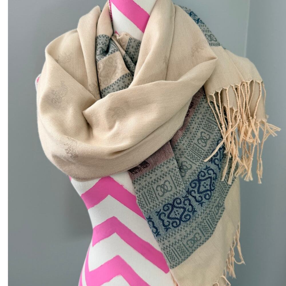 Vintage Pashmina 100% Cashmere Scarf Elephant Shawl Wrap Beige Boho Fringed